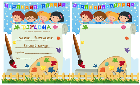 Diploma and card template with kids and paintbrush illustrationのイラスト素材