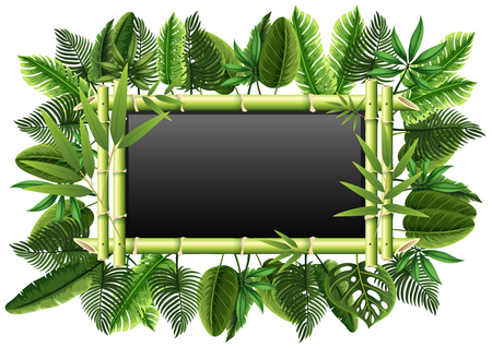 Blackboard with bamboo and green leaves illustrationのイラスト素材