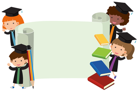 Kids in graduation gown and roll of paper illustrationのイラスト素材