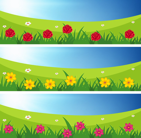 Three scenes of fields with flowers illustrationのイラスト素材