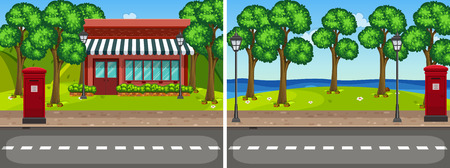 Two road scene with trees and shop illustrationのイラスト素材