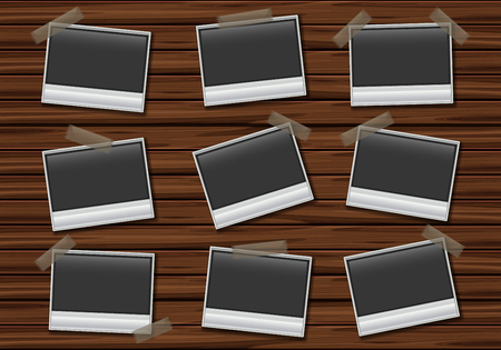 Nine blank picture frames on wooden board illustrationのイラスト素材