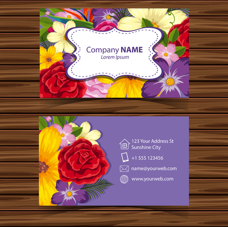 Businesscard template with flowers on purple background illustrationのイラスト素材