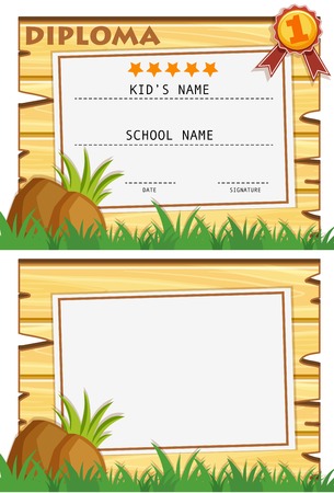 Diploma template with wooden board on grass illustrationのイラスト素材