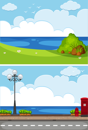 Two ocean scenes with park and road illustrationのイラスト素材