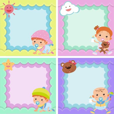 Four background template with cute kids illustrationのイラスト素材