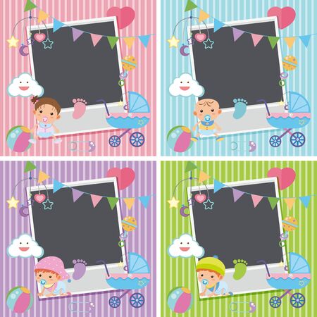 Four photo frames with baby items illustrationのイラスト素材