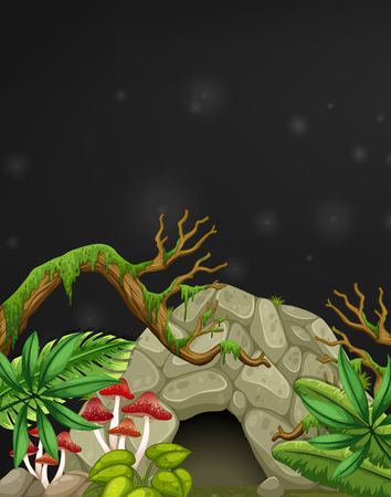 Cave in forest at night time illustrationのイラスト素材