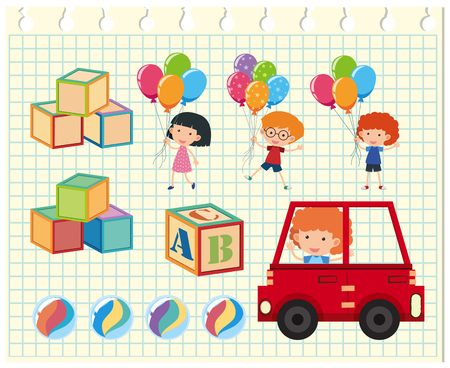 Children and different toys illustration.のイラスト素材