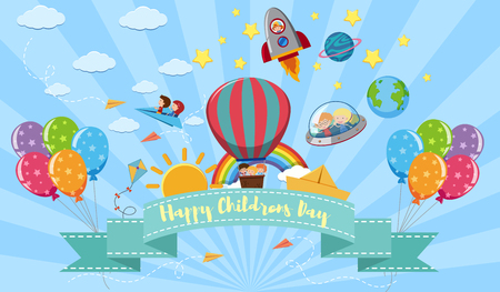 Happy Children's day poster with kids and toys illustrationのイラスト素材