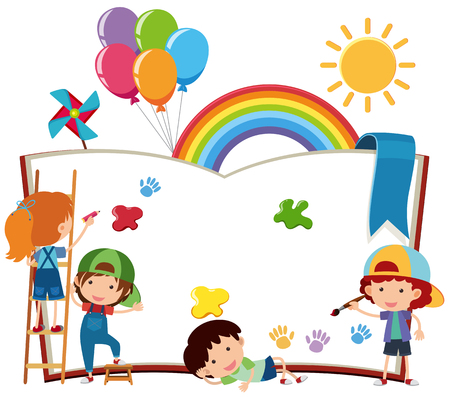 Happy children writing on blank book illustrationのイラスト素材