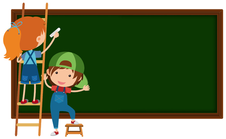 Boy and girl writing on blackboard illustrationのイラスト素材