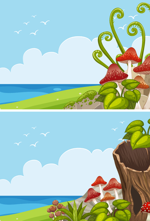 Two ocean scenes with mushroom in the field illustrationのイラスト素材