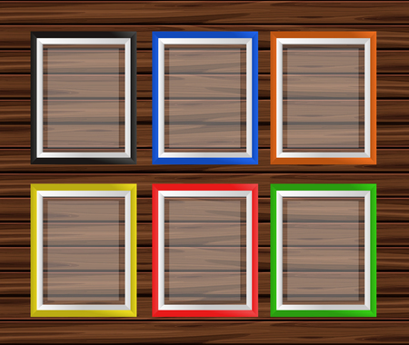 Six picture frames in different colors on wooden wall illustrationのイラスト素材