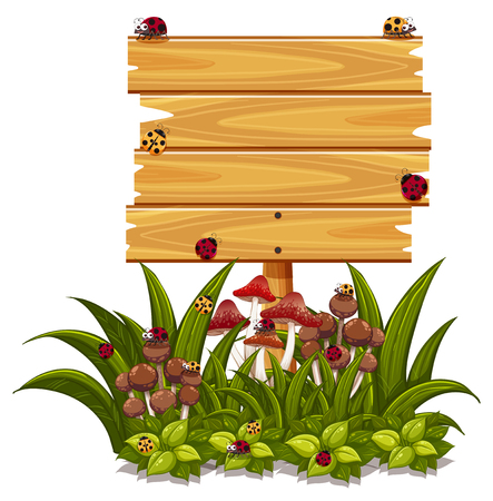 Wooden sign template with ladybugs in garden illustrationのイラスト素材