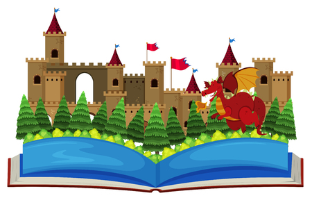 Book with castle towers and dragon illustrationのイラスト素材