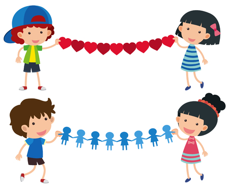 Kids and paper craft shape of heart and people illustrationのイラスト素材