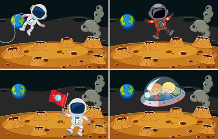 Four space scenes with astronauts flying illustrationのイラスト素材