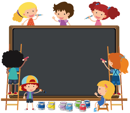 Happy children writing on chalkboard illustrationのイラスト素材