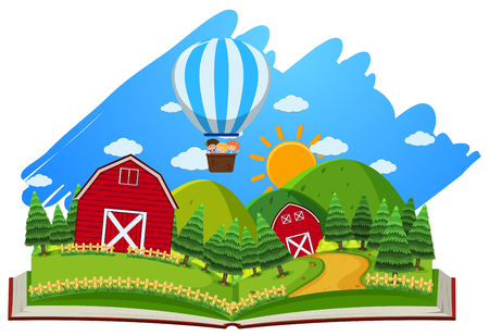 Farm scene with barns and balloon in the book illustrationのイラスト素材