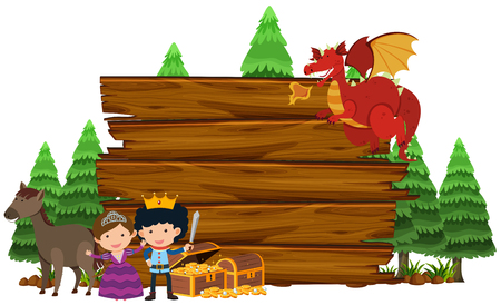 Wooden sign with dragon and princess illustration.のイラスト素材