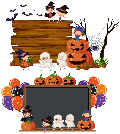 Two blank boards with kids in halloween costume illustration.のイラスト素材