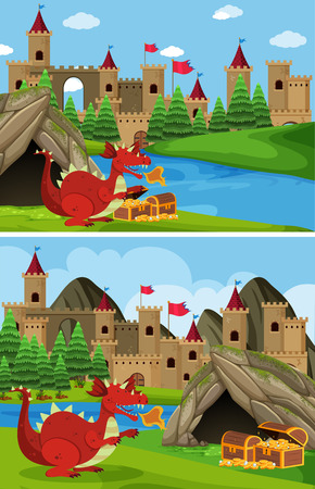 Two scenes with red dragon guarding treasure illustration.のイラスト素材