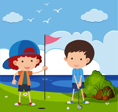 Two boys playing golf in the field illustrationのイラスト素材
