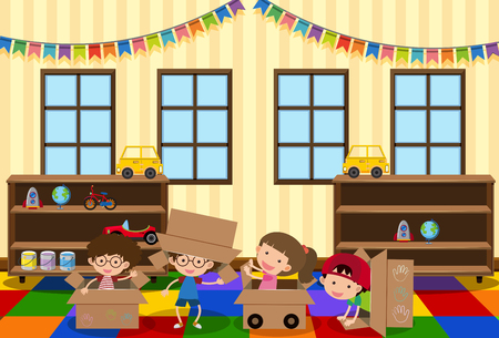 Happy children playing in the room illustrationのイラスト素材