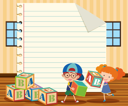 Paper template with kids and blocks illustrationのイラスト素材