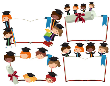 Four blank books with kids in graduation outfits illustrationのイラスト素材