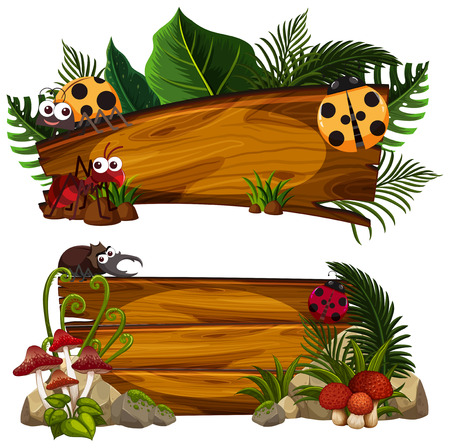 Two wooden signs with many insects illustrationのイラスト素材