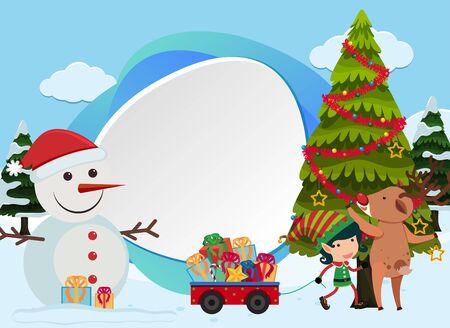 Christmas background with snowman and tree illustrationのイラスト素材