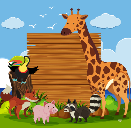 Wooden board template with wild animals in garden illustrationのイラスト素材