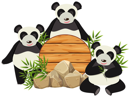 Round board with three cute pandas illustrationのイラスト素材