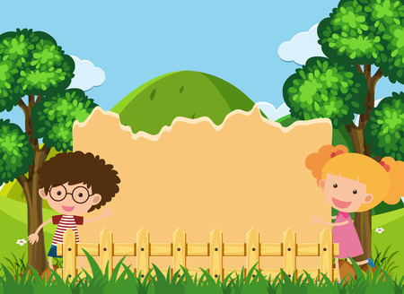 Border template with boy and girl in park illustrationのイラスト素材