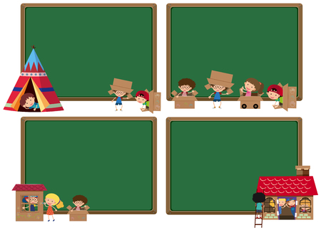 Four board template with kids playing illustrationのイラスト素材