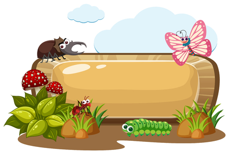 Wooden sign with bugs in garden illustrationのイラスト素材