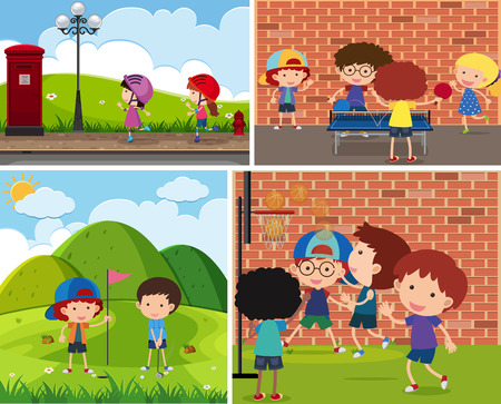 Four scenes of children playing different sports illustrationのイラスト素材