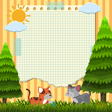 Paper template with two cats in the park illustration.のイラスト素材