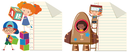 Two paper template with kids playing toys illustration.のイラスト素材