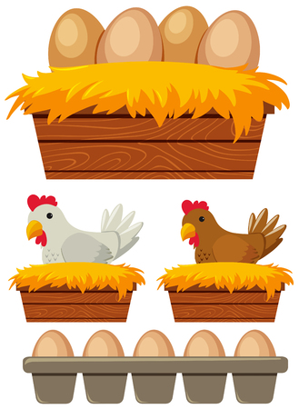Chicken and eggs in the nest, vector illustration.のイラスト素材