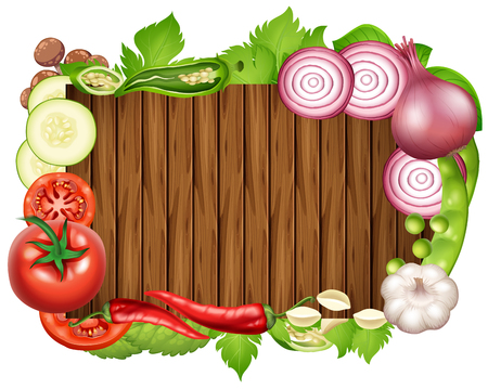 Wooden board with many vegetables, vector illustration.のイラスト素材
