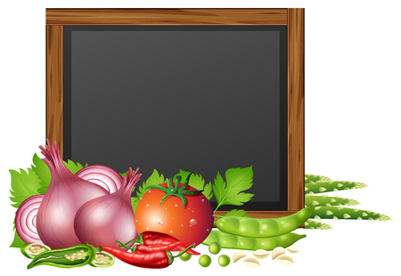 Chalkboard with fresh vegetables in background illustration.のイラスト素材