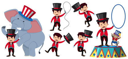 Animal trainer in the circus with elephant and monkey illustration.のイラスト素材