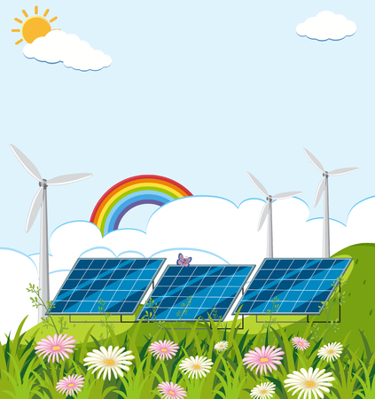 Field with solar cell and wind turbines illustrationのイラスト素材