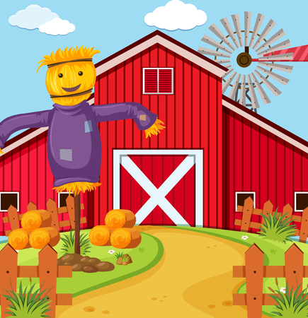 Farm scene with scarecrow and barn illustrationのイラスト素材