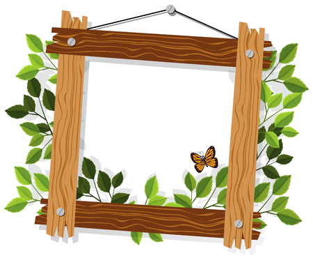 Wooden frame with leaves and butterfly illustrationのイラスト素材