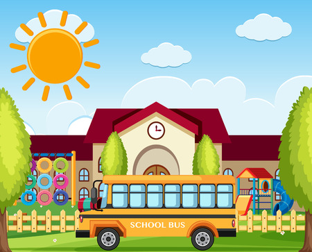 School bus parking in front of school illustrationのイラスト素材