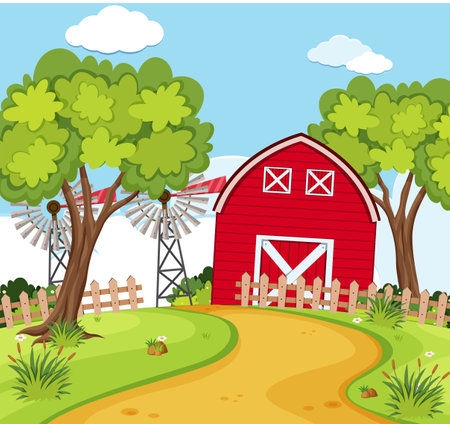 Farm scene with small barn and turbines illustrationのイラスト素材